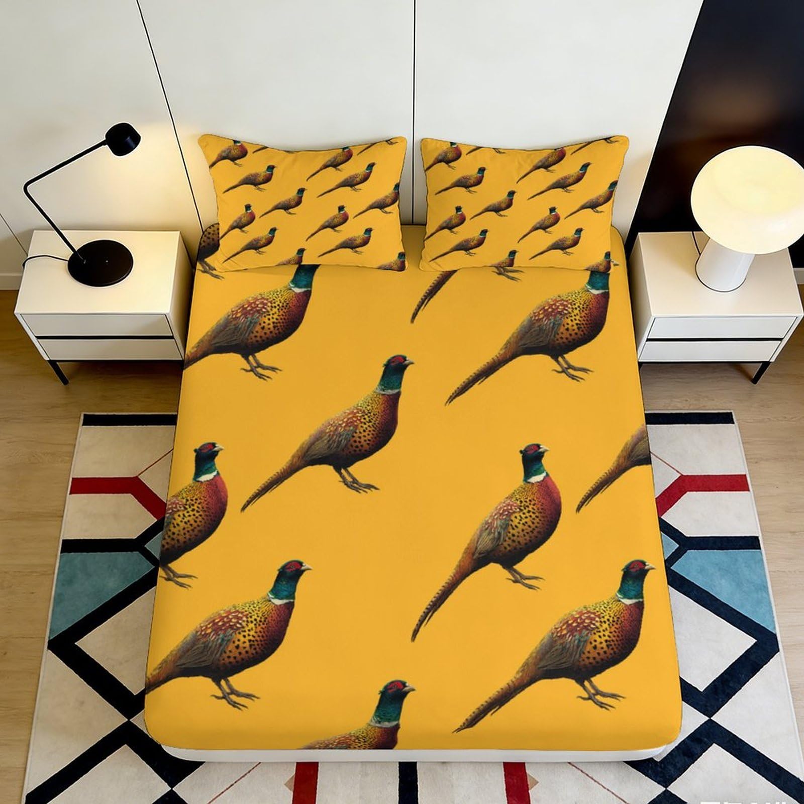 3D Printed Golden Pheasant Fitted Sheet Microfiber Soft Breathable Wild Bird Bed Cover for Bedroom Guest Room Dorm Decor 90x200x25cm