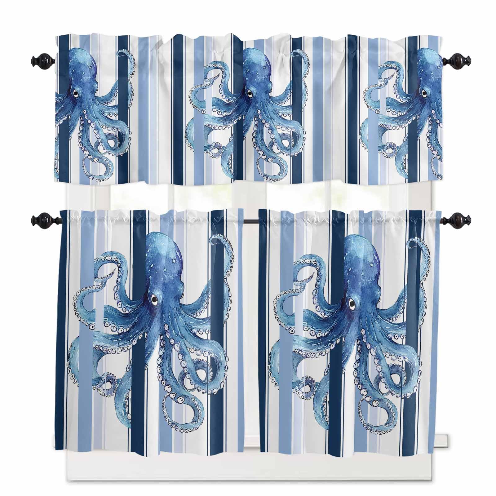 Ocean Octopus Kitchen Curtains 24 Inch Length,3 Piece Rod Pocket Small Half Tiers and Valance Set,Watercolor Navy Blue Aqua Stripe Modern Small Large Window Treatment Decor for Bedroom/Bathroom Sink