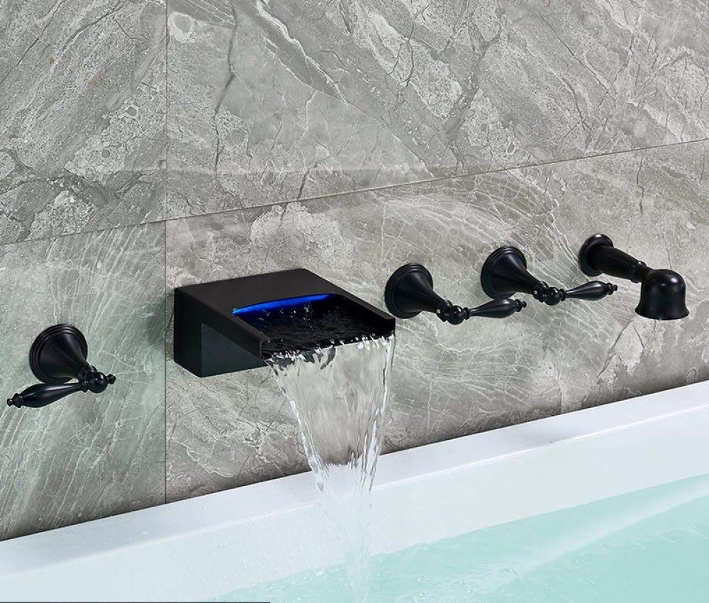 Robinet de baignoire cascade mural LED noir avec douchette chic