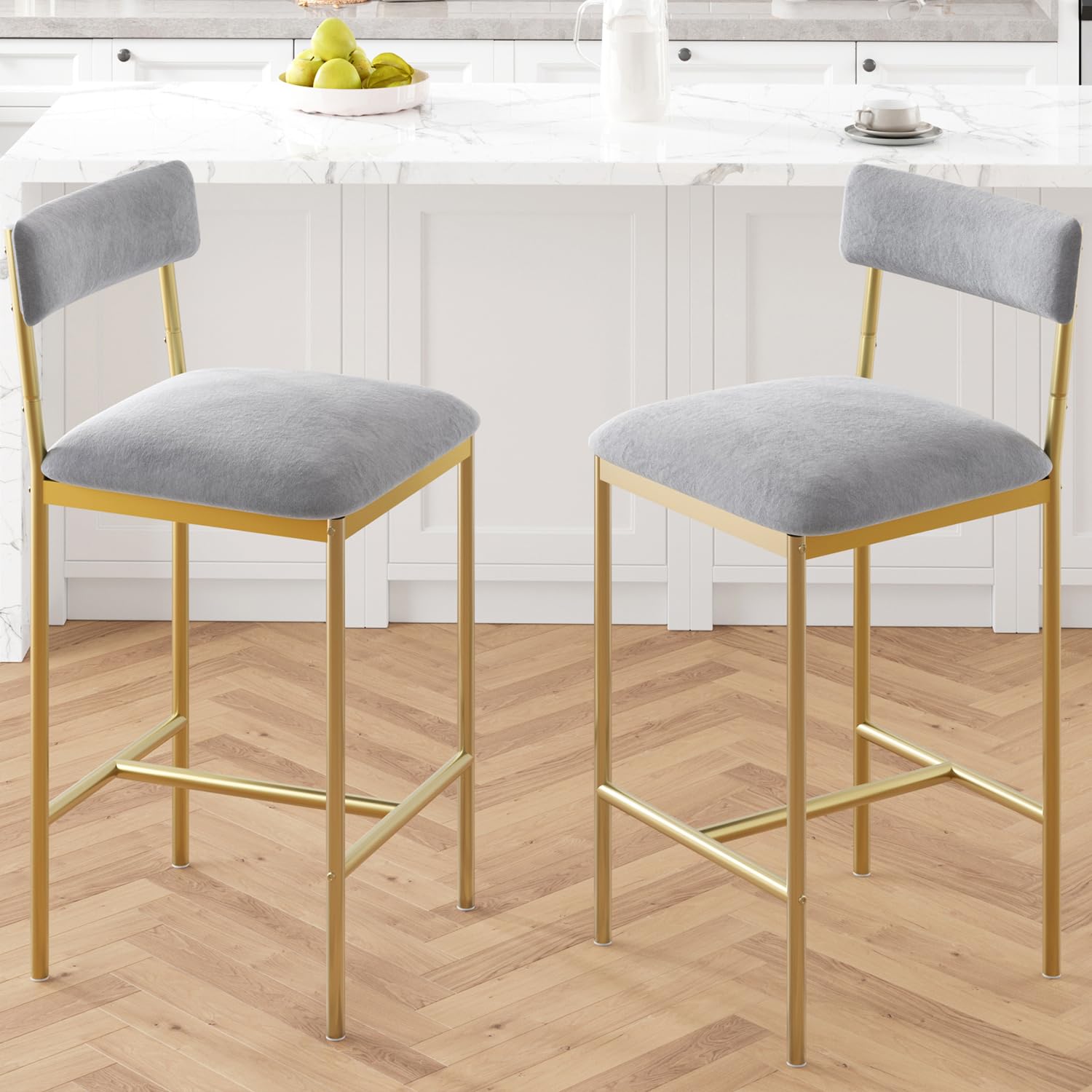 GAOMON Bar Stools Set of 2, Counter Height Bar Stools with Footrest, Velvet Upholstered Kitchen Barstools, Bar Chairs with Back for Kitchen Island, Counter Bar, Easy Assembly, Gray and Gold
