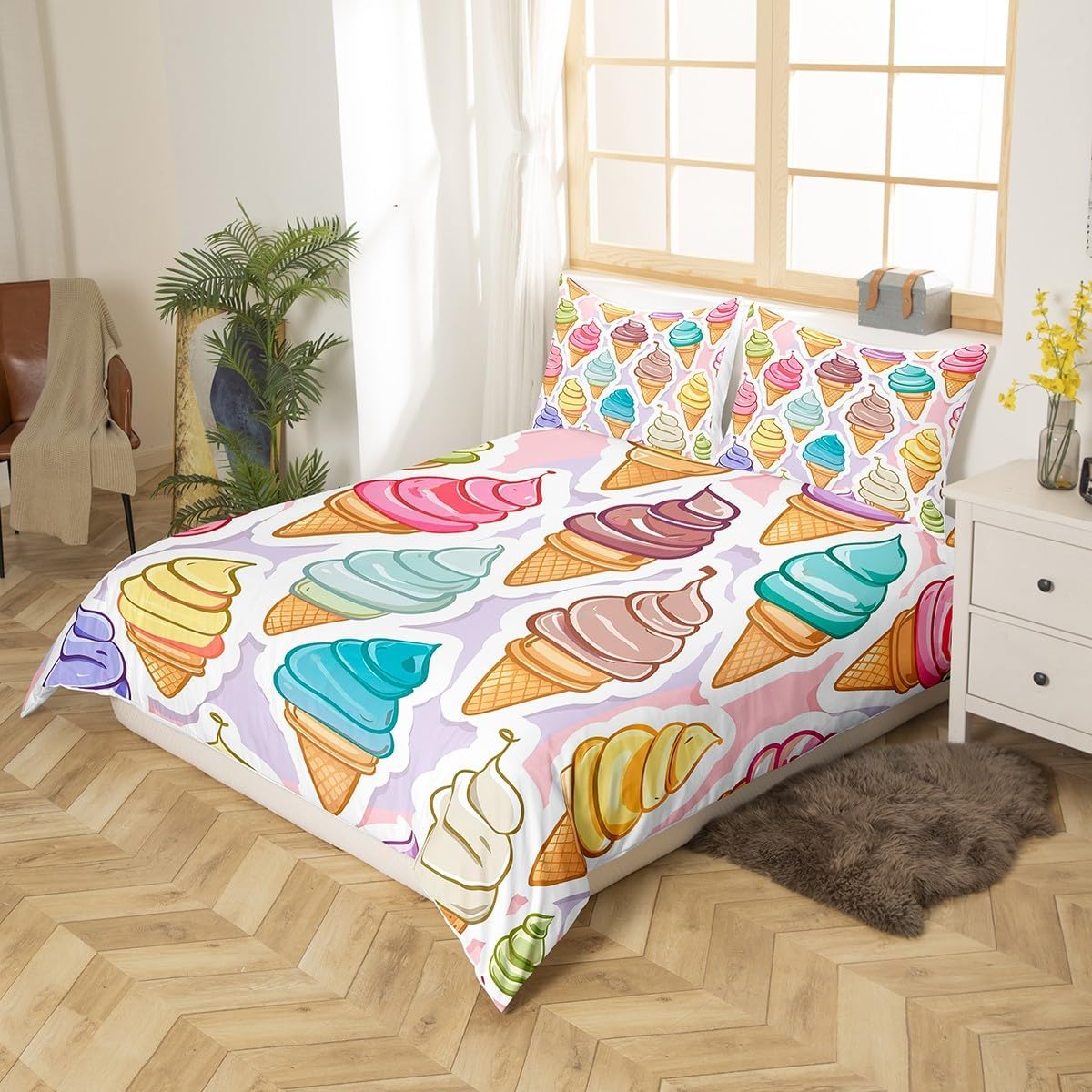 Manfei Cartoon Ice Cream Duvet Cover Set Full Size,Colorful Sweet Dessert Bedding Set for Boys Girls,Ocean Beach Happy Summer Comforter Cover,Purple Pink Dreamy Quilt Cover,2 Pillowcases(No Filler)