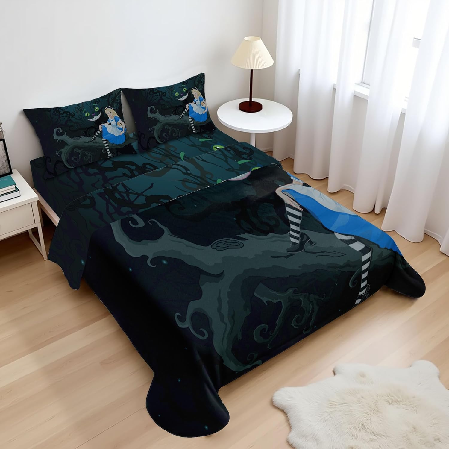 Ambesonne Alice in Wonderland Sheet Set, Alice Sitting on Branch and Chescire Cat in Darkness Cartoon Style, Fitted and Flat Sheet with Pillowcases Bedding Accent 4 Piece Set, Full, Blue Multicolor