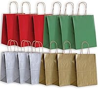 Vista 1 de Jillson Roberts 12 bolsas de regalo de papel kraft medianas, rojo/verde/plateado metálico/dorado