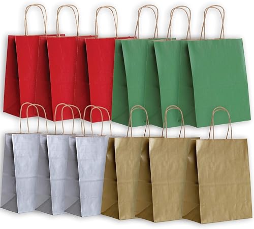 Jillson Roberts 12 bolsas de regalo de papel kraft medianas, rojoverdeplateado metálicodorado
