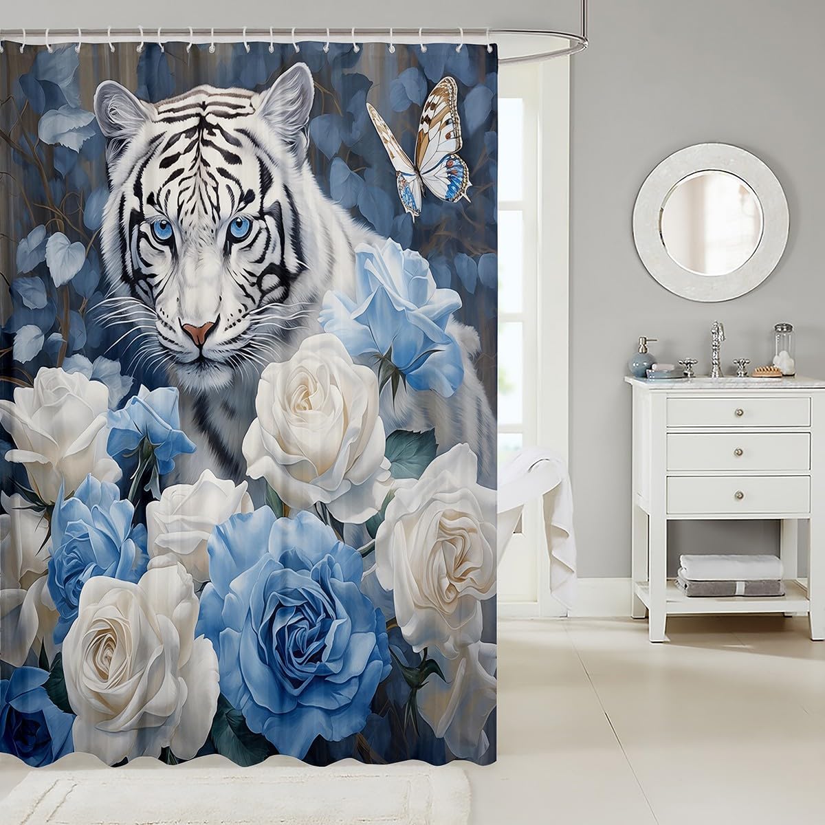 White Tiger Shower Curtain,Wild Animal Plant Nature Bath Curtain,Blossom Flower Blue Botanical Bathroom Curtain Kids Boys Girls Room Decor,Wildlife Floral Boho Waterproof Curtain,12 Hooks,72"Wx72" L image 2