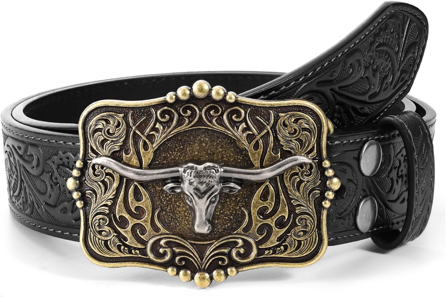 Cowboy Cowgirl Belt Western Belts for Men Women Floral Engraved Longhorn Bull Buckle Belt for Jeans - Image 7