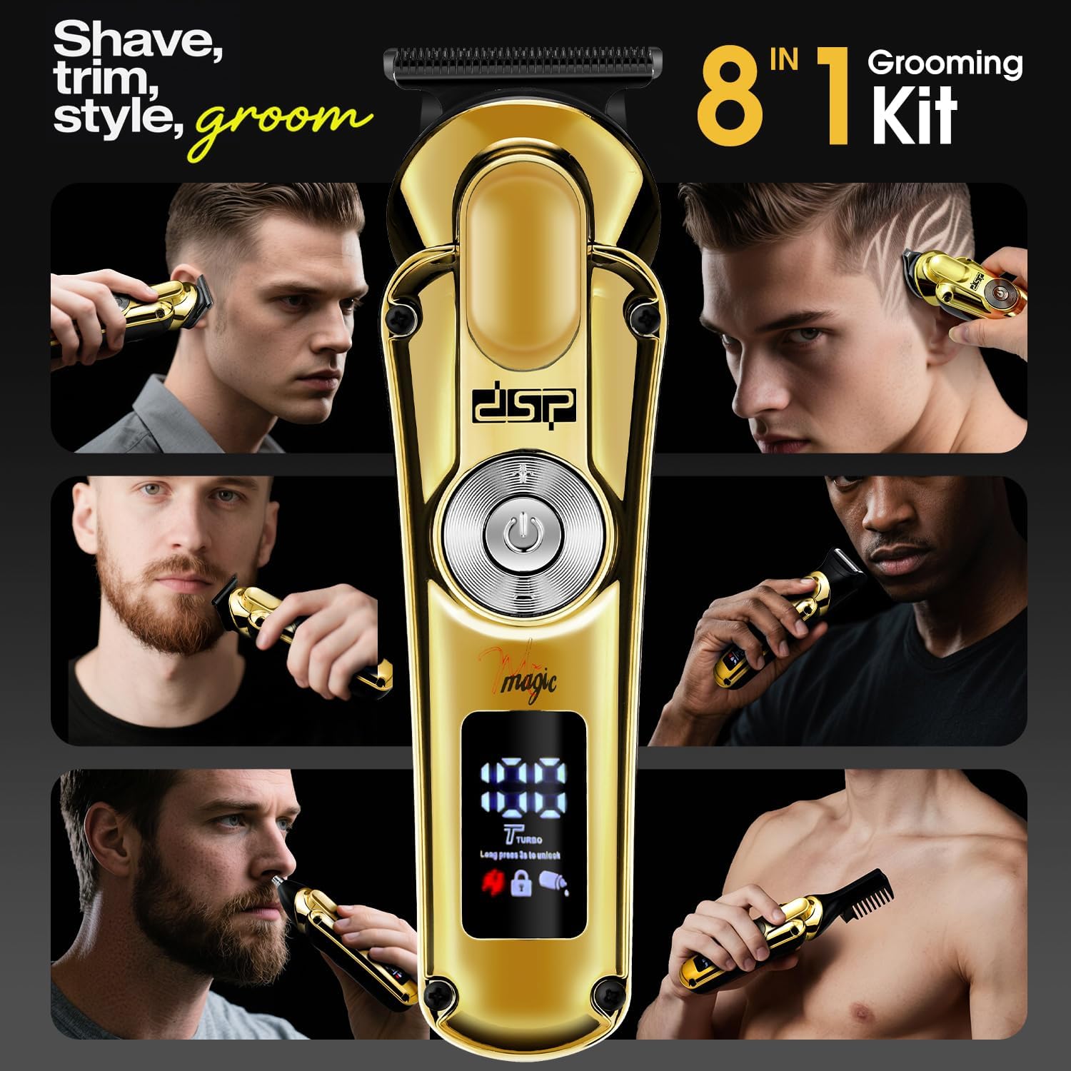 DSP Men's Grooming Kit, Beard Trimmer for Men, Nose Trimmer, Body Trimmer, Foil Shaver, T-Blade, Mustache, Cordless Hair Trimmer, IPX6 Waterproof,2 Speeds Adjustable, Gift for Men (Gold)
