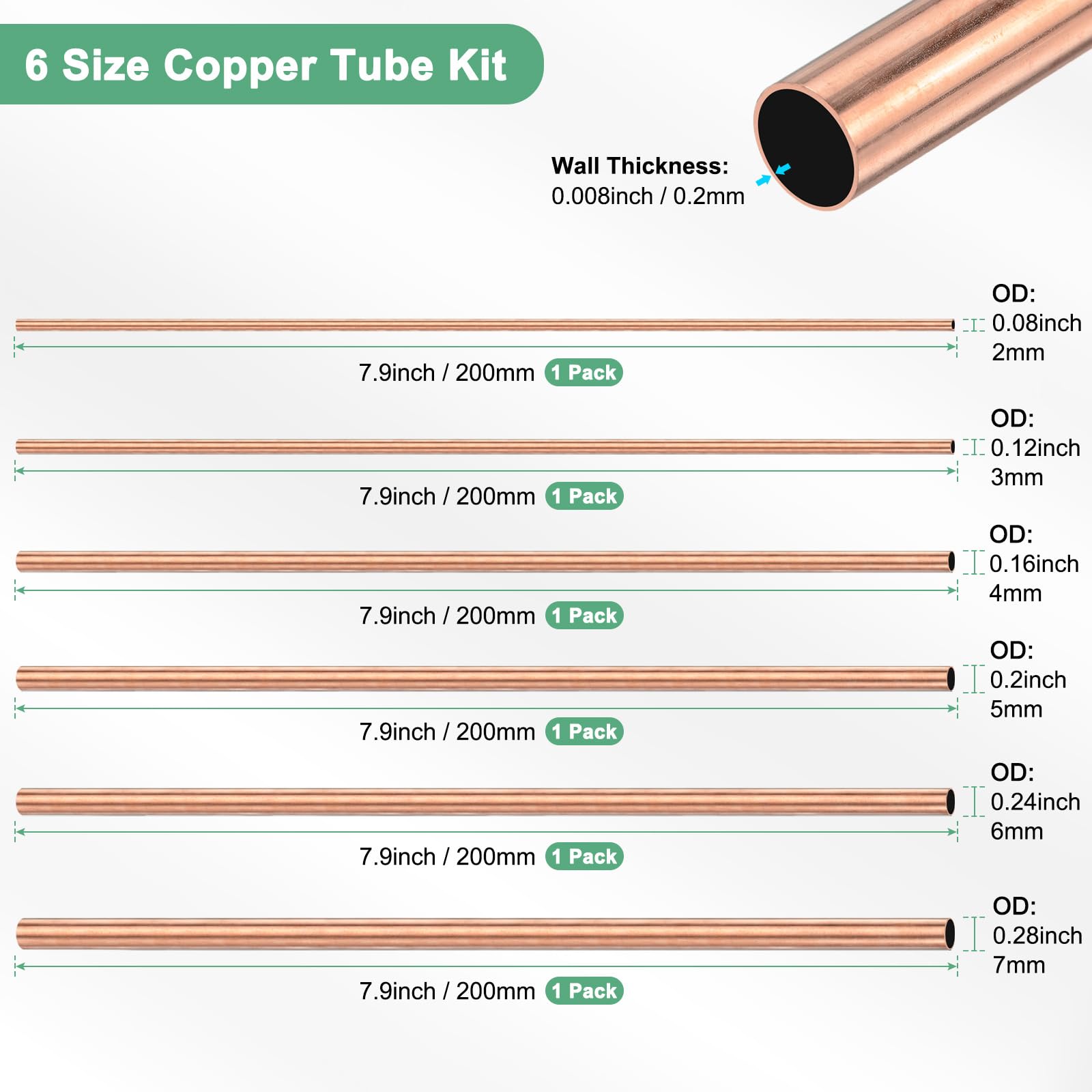 Sourcing Map 6-teiliges Messingrohr-Set – 2–7 Mm Außen-Ø, 0,5 Mm Wandstärke, 200 Mm Lang – Nahtlos & Vielseitig