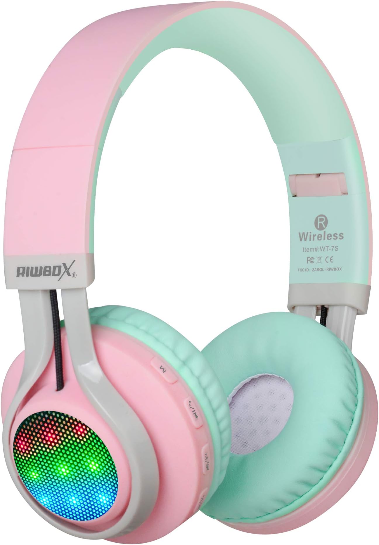 Riwbox WT-7S Kids Bluetooth Headphones Light Up, Foldable Stero Wireless Headset with Microphone and Volume Control for PC/Tablet/TV/Travel