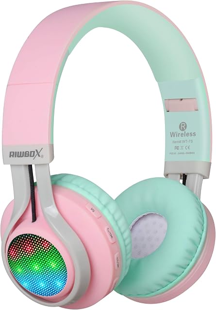 Riwbox Kids Bluetooth Headphones, WT-7S LED Light Up Foldable Stereo Wireless&Wired Kids Headphones with Microphone for School/PC/iPhone/TV/iPad/Tablet (Pink&Green)