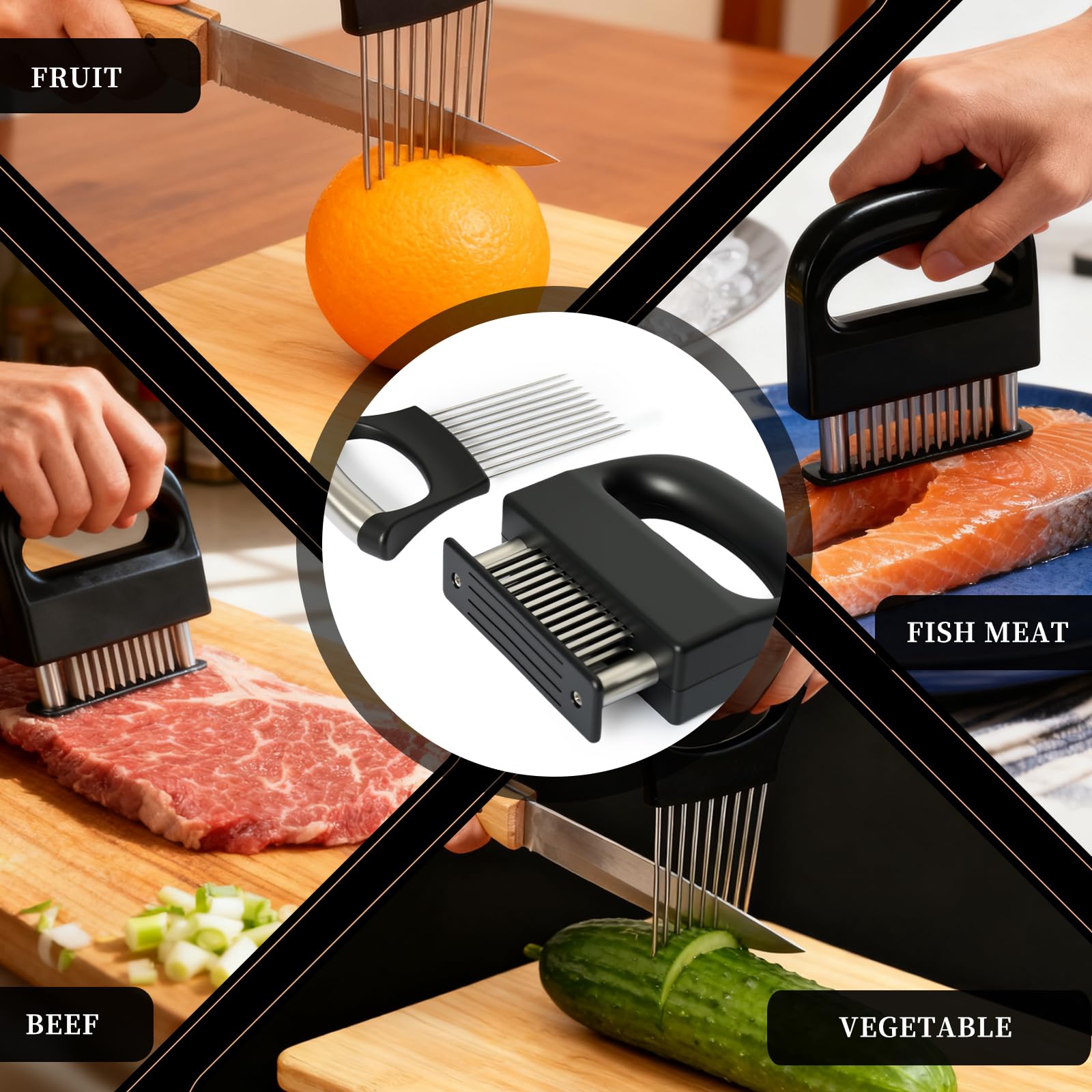 Juego Combinado de Ablandador de Carne y Aguja para Cebolla, 2 Piezas, Ablandador de Carne de Acero Inoxidable de 48 Pines, Utensilio de Cocina Multiusos para Carne de Res y Carne