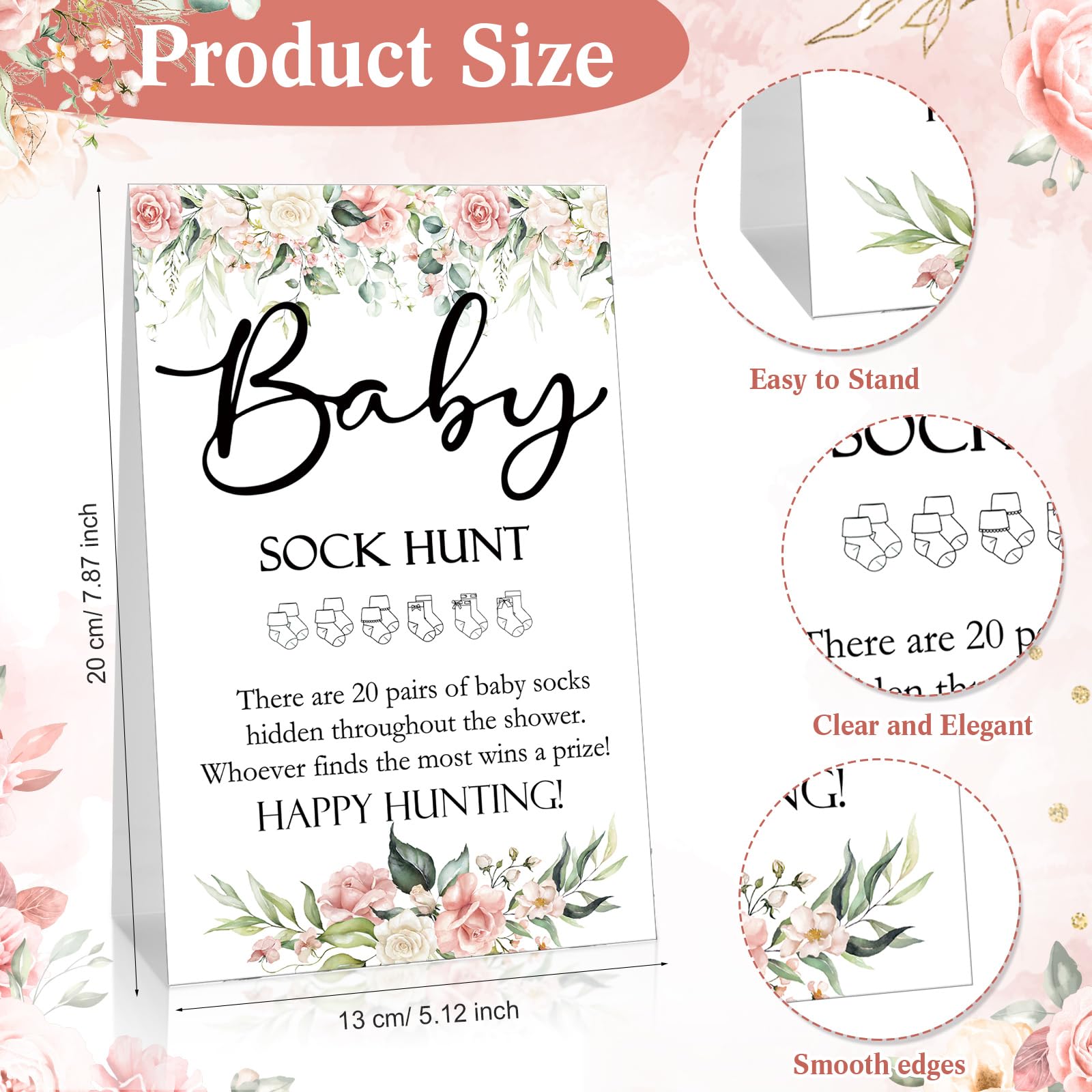 Hoteam 21 juegos de baby shower que incluyen letrero de caza de calcetines de bebé y 20 pares de calcetines pequeños de algodón de madera con soporte para niños y niñas, regalos de fiesta de