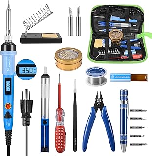 Soldering Iron Kit, 80W Digital LCD Soldering Iron with Solder Tips/Sucker/Wire, Wire Cutter, Screwdrivers, Voltage Tester, Tweezers, Brass Coil Ball, Stand, PU Bag, Fast Heating Thermostatic Design