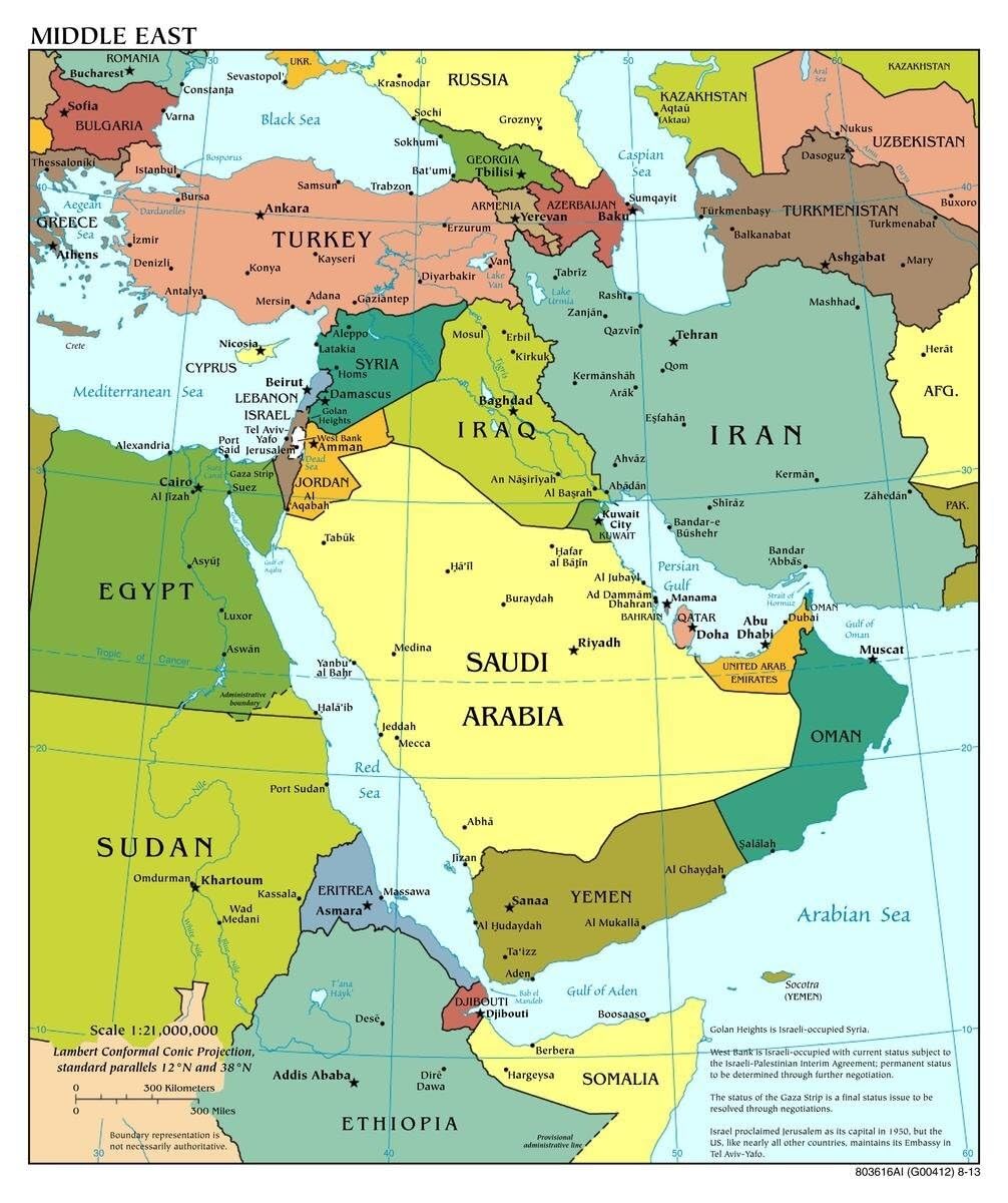 RNUMLIGH Political Map of The Middle East Poster Wall-Art for Current Affairs Study International Relations Business Office Decor Map(Unframed,16x24inch(40x60cm))