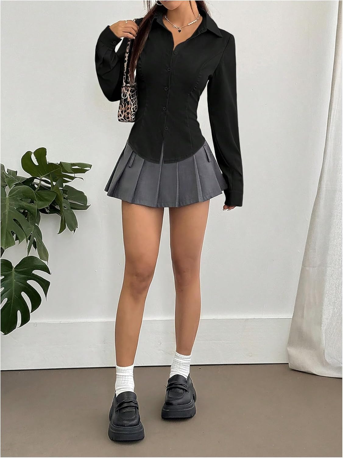 SweatyRocks Women's Solid Asymmetrical Hem Button Down Shirt Long Sleeve Collared Slim Fit Dressy Blouse Tops - Image 5