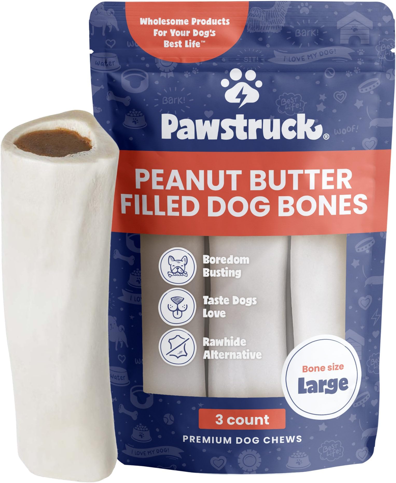 - Large 5-6" Filled Dog Bones, Peanut Butter Flavor - Made in USA, Long Lasting Stuffed Femur for Aggressive Chewers, Dental Treat - Pack of 3, Packaging May Vary