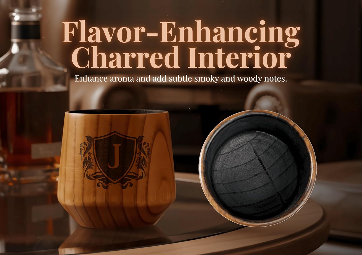 Onebttl Personalized Charred Wooden Whiskey Glasses for Men, Custom Bourbon Drinking Glass, Unique Birthday, Christmas Gifts for Him, Dad, Husband, J - Image 4