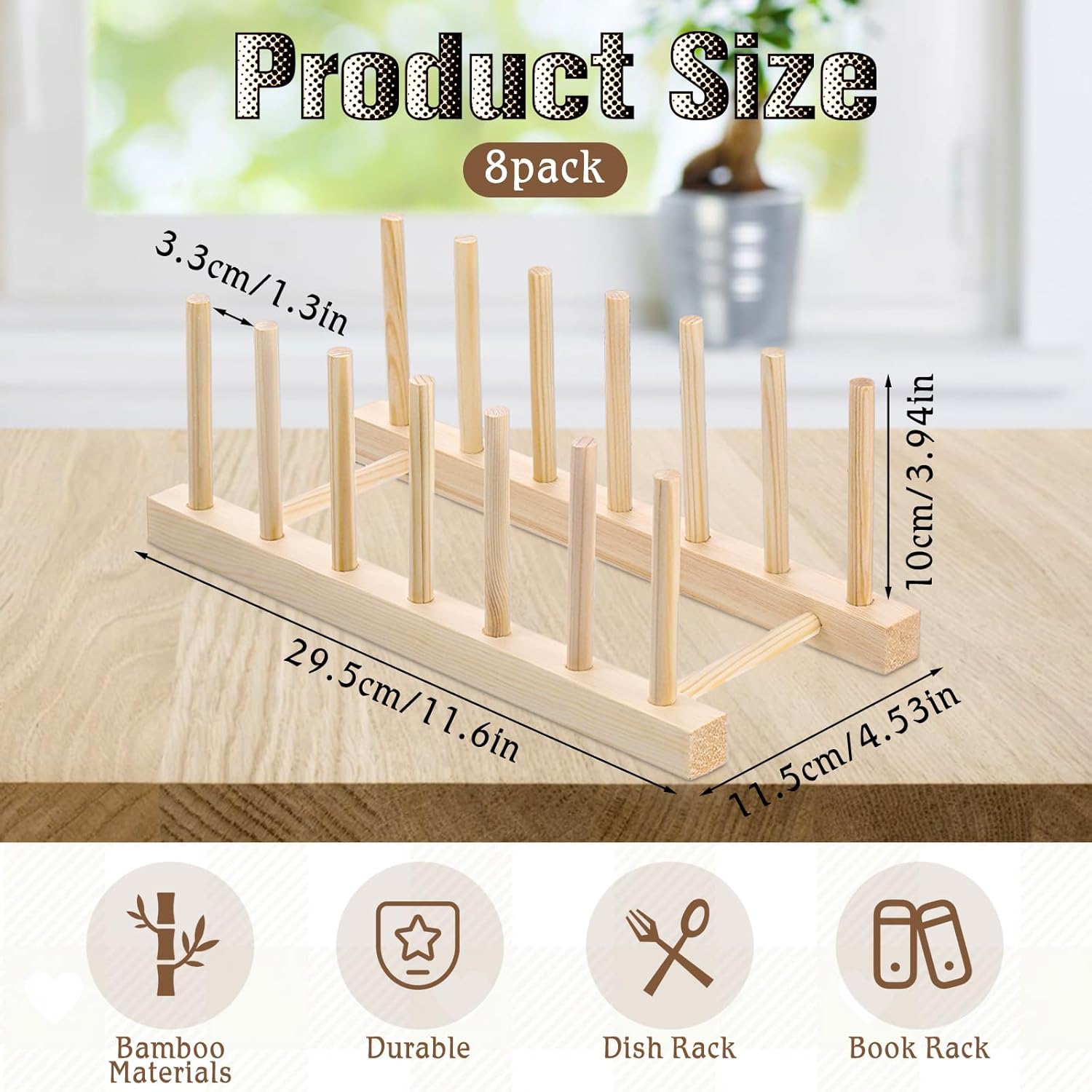 SHENLIU 8 Pcs Bamboo Wooden Plate Rack, 6 Slots Plate Organizer Dish Drying Rack Stand Drainer for for Kitchen Pot Lid Bowl Cup Book Cutting Boards