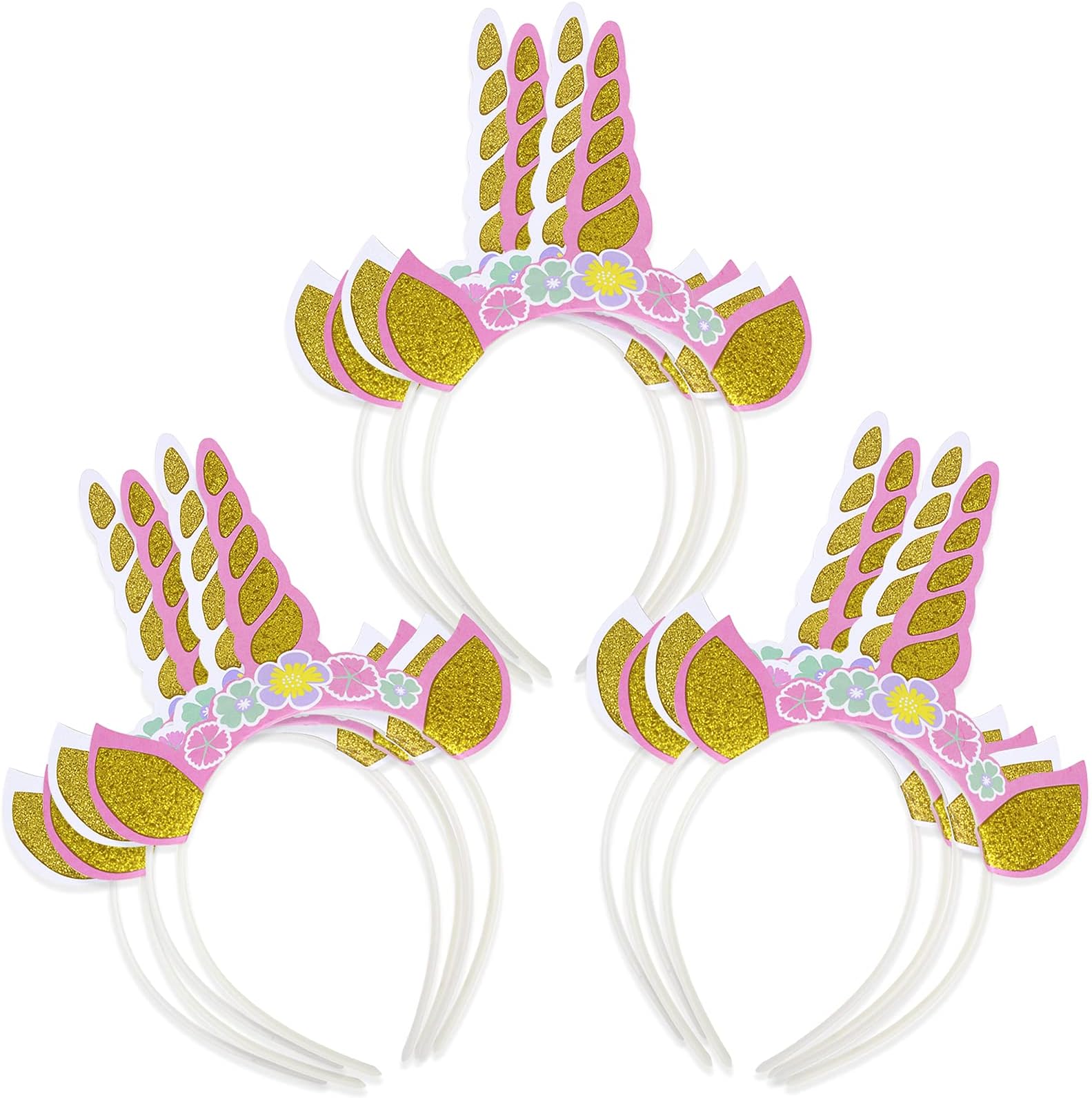12 Pcs Paper Unicorn Headbands Gold Glitter Unicorn Horn Headband with 3 Flower for Birthday Party Decorations