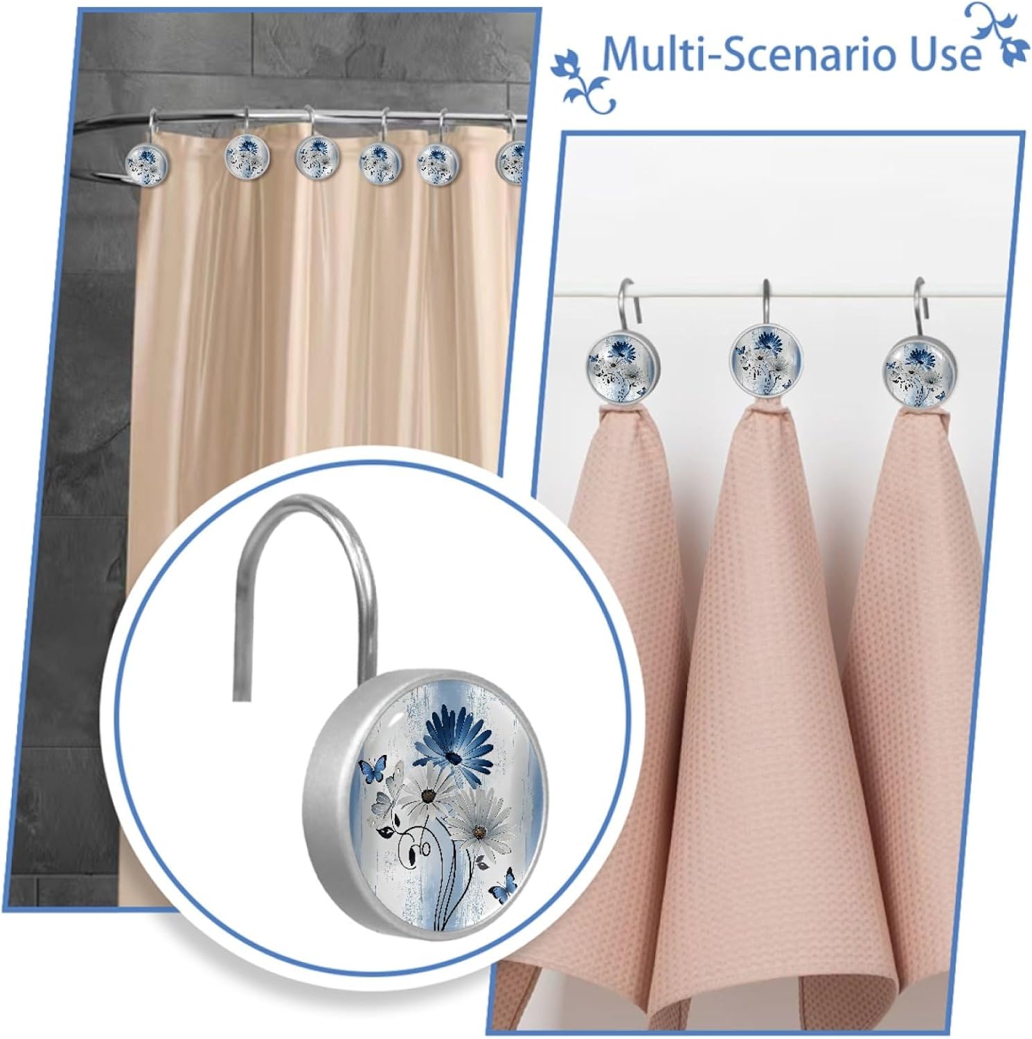 12 Pcs Farm Blue Daisy Butterfly on Country Wooden Shower Curtain Hooks, Decorative Shower Curtain Rings for Bathroom, Stainless Steel Rustproof Curtain Rings Hangers for Shower Curtain Rod