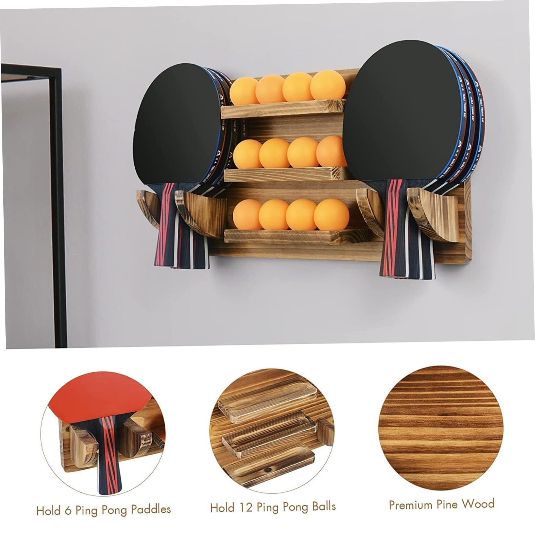Soporte para paletas de ping-pong, estante de tenis de mesa montado en la pared, capacidad para 6 paletas y 12 pelotas, madera