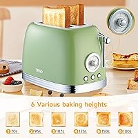 Vista 6 de Green Cute Retro Toaster 2 Slice with 1.58" Wide Slots, with Stainless Steel Lid, with Warming Rack, Preheat, Defrost, Countdown Timer Display 2025