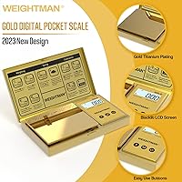 Vista 2 de WEIGHTMAN Báscula digital gramos, escala de bolsillo de 7.05 oz/0.00 oz, chapado en titanio dorado, pantalla LCD retroiluminada, mini báscula