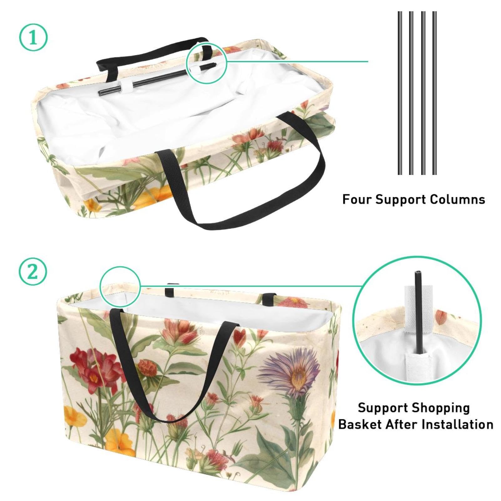 Sac de courses réutilisable, pliable, sac fourre-tout utilitaire lavable, tient debout pour pique-nique, camping – Motif papillons et fleurs sauvages rétro, multicolore, 22.0x12.6x11.4 in/56x29x32 cm
