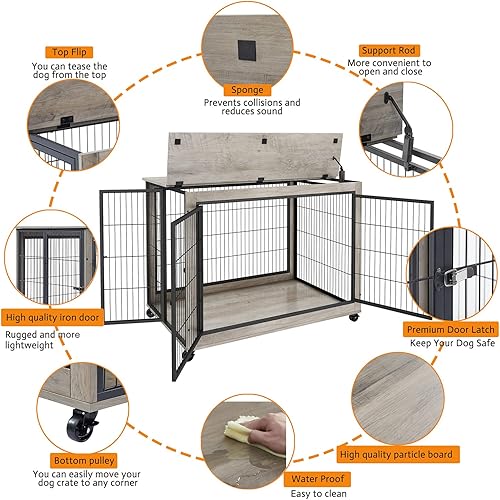 Miniatura 4 de IchbinGo Muebles de jaula para perros, mesa de madera para perros, perrera de 43.7 pulgadas con 3 puertas, apertura superior abatible y ruedas, casa