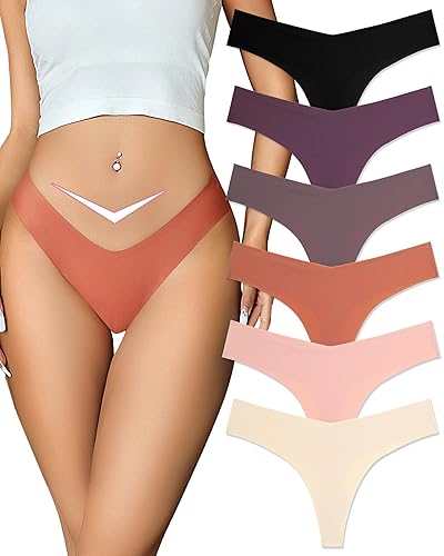 FINETOO Seamless Thongs for Women Sexy No Show Panties Invisible V-waisted Stretch Ladies Underwear 6 Pack