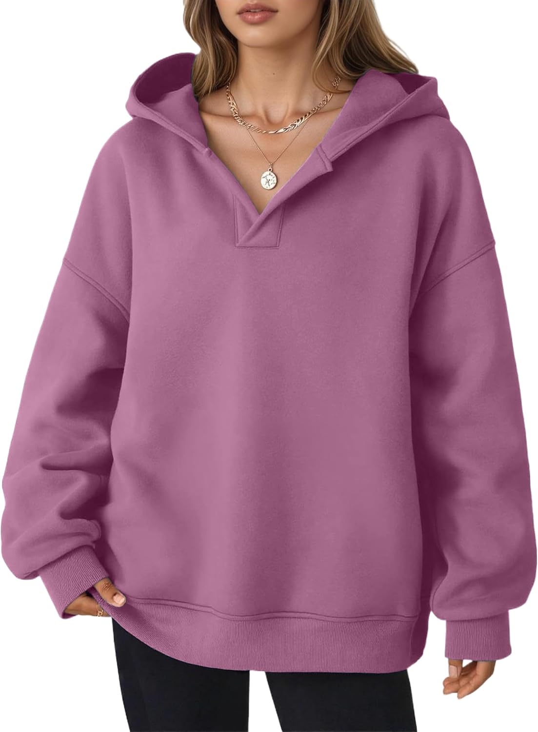 TCHH-DayUp Women's Oversized Fleece Hoodie V-Neck Pullover Long Sleeve Hooded Sweatshirt Purple L - Image 4