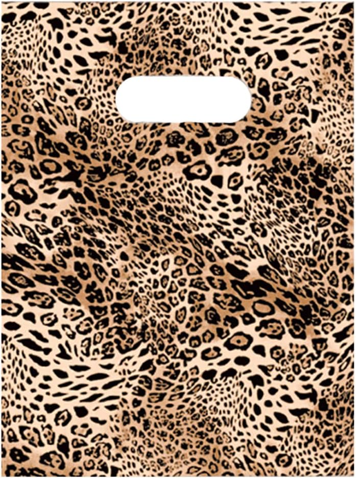 Alitaver 100 Count 13.7x17.7 Inch Plastic Merchandise Bags, Shopping Bags, Retail Bags, Gift Bags with Die Cut Handles - Leopard Print