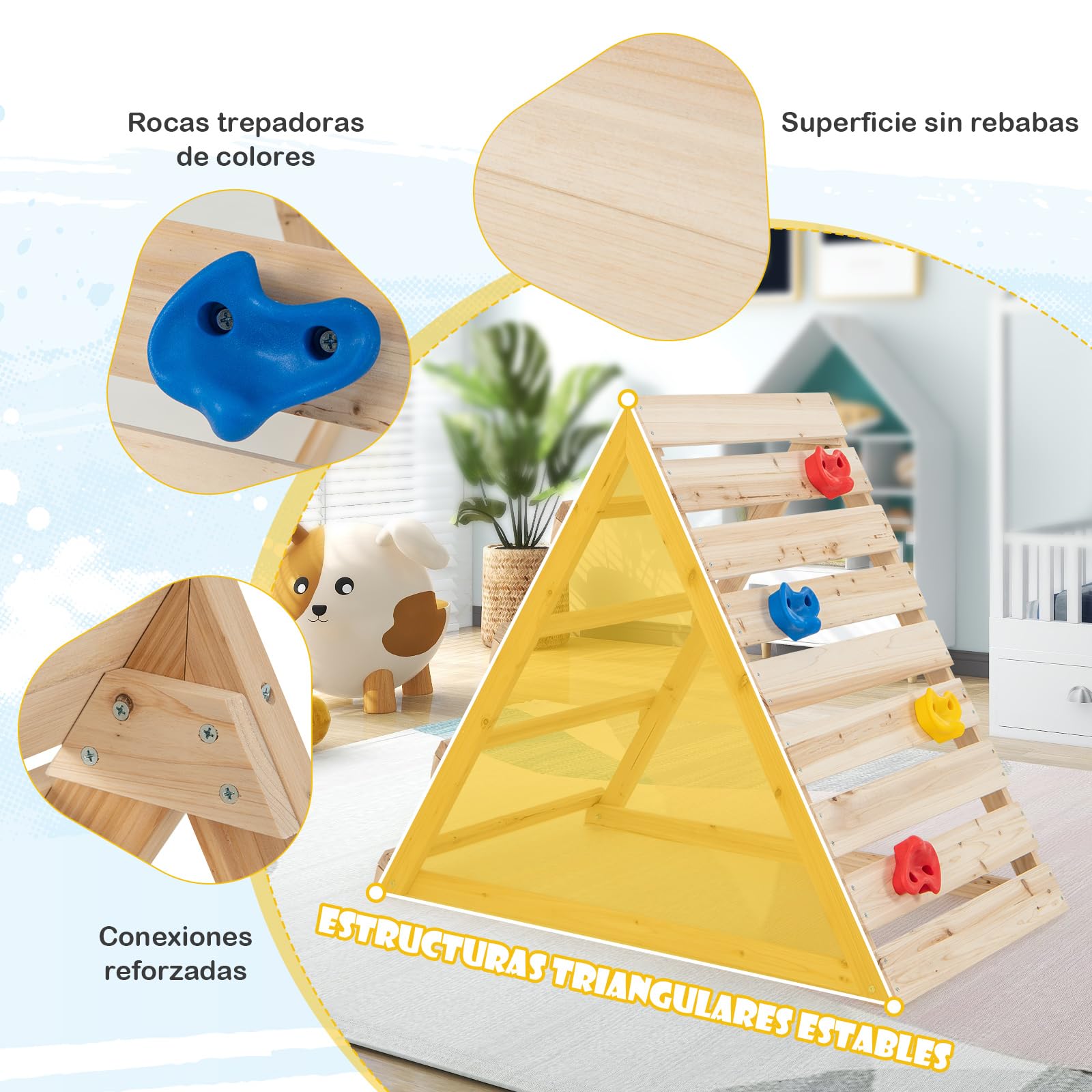 COSTWAY Triángulo Escalada para Niños, Escalador Triangular de Doble Cara con Coloridas Rocas y Escaleras para Escalar, Triángulo de Aprendizaje Montessori para Niños de 3-8 Años, Natural