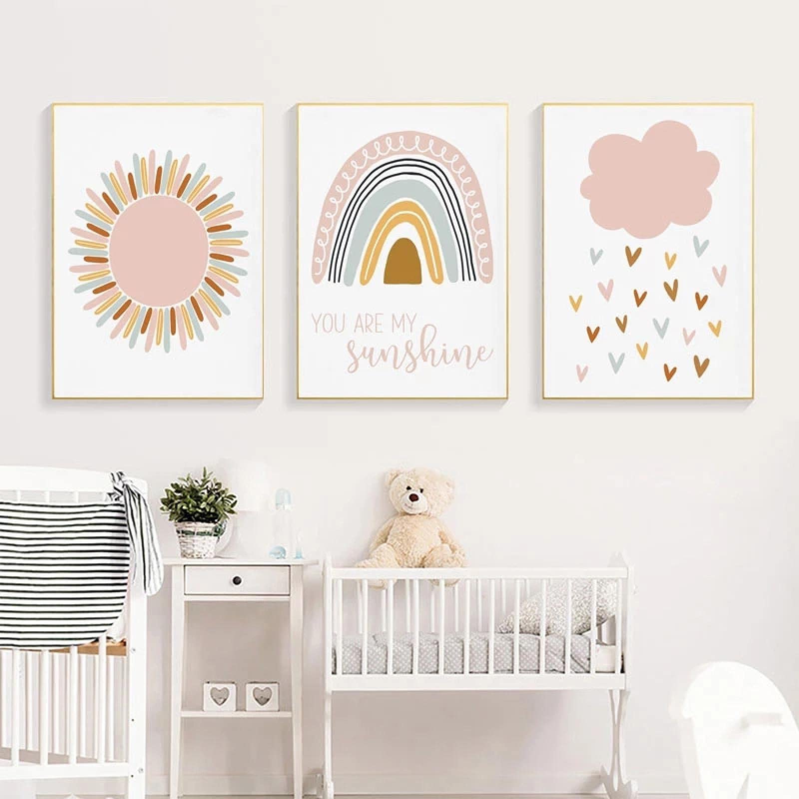 Impresión en lienzo para niños, póster con nubes de sol rosa, arte de pared, cuadro de arcoíris para guardería, pintura para habitación de bebé, decoración de dormitorio infantil, 70x100cmx3 sin marco