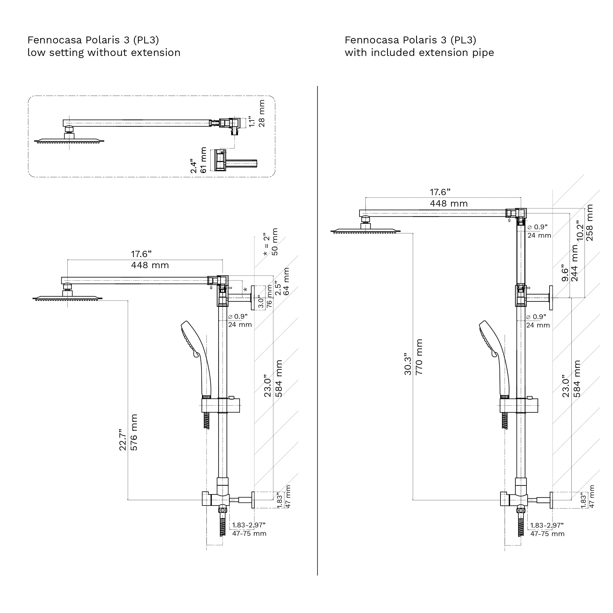 Polaris III Modernizacyjny system deszczownicy, 3-stopniowa słuchawka prysznicowa z drążkiem przesuwnym, niskoprofilowa głowica prysznicowa 20 cm, pionowa rura przedłużająca 23 cm (matowa czerń)