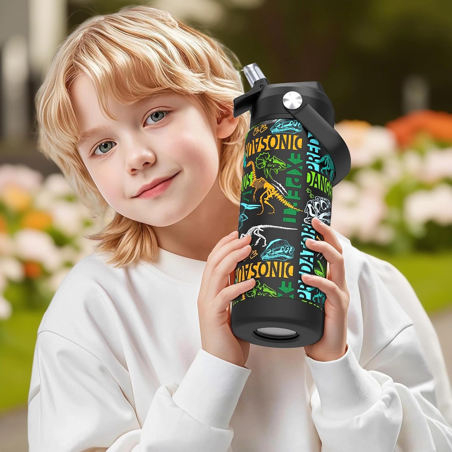 Boys Water Bottle with Straw,18 oz Kids Insulated Cups with Stainless Steel Leak Proof for School,Sport&Travel（Dinosaur） - Image 5