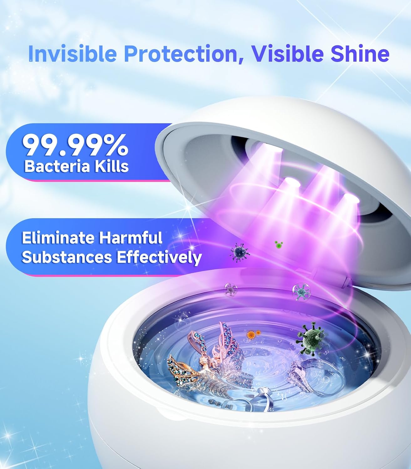 Ultrasonic Jewelry Cleaner Machine, 45KHz Retainer Cleaner Ultrasonic Professional for Dentures, Ring, Earrings Sterling Silver Deep Cleaning with 4 Modes, Timer, Low Noise, 304 Stainless Steel Tank