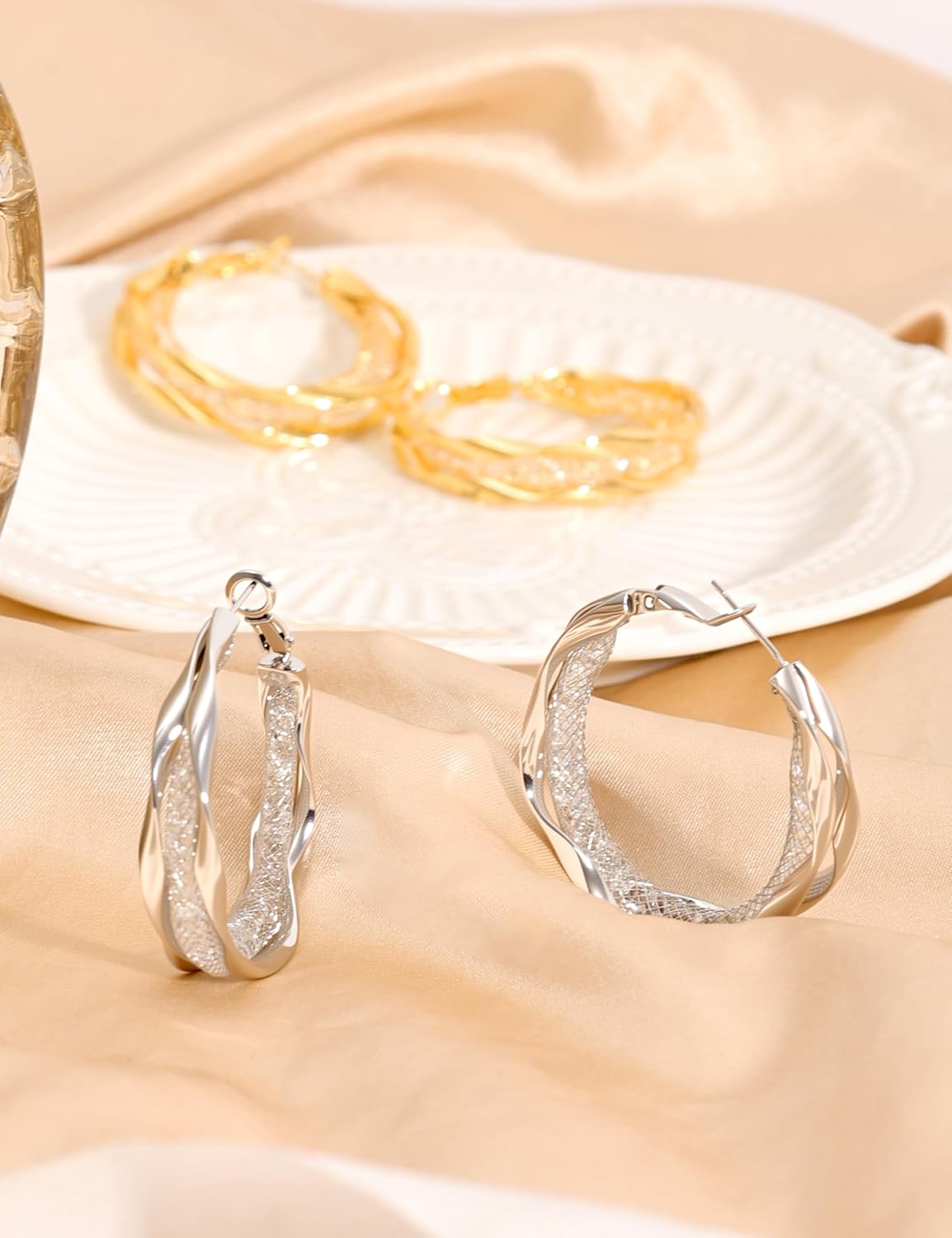 Large Statement Hoop Earrings for Women - Non Tarnish Hypoallergenic Jewelry for Women Plated 18K Real Gold, Fashion Design Sparkly Zircon Dangle and Big Twist Double-Hoops Earings Trendy - Image 5