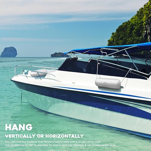 Miniatura 8 de Paquete de 4 defensas de barco de 10 x 28 pulgadas con agujero central acanalado para embarcación, viene con cuerdas y bomba para inflar
