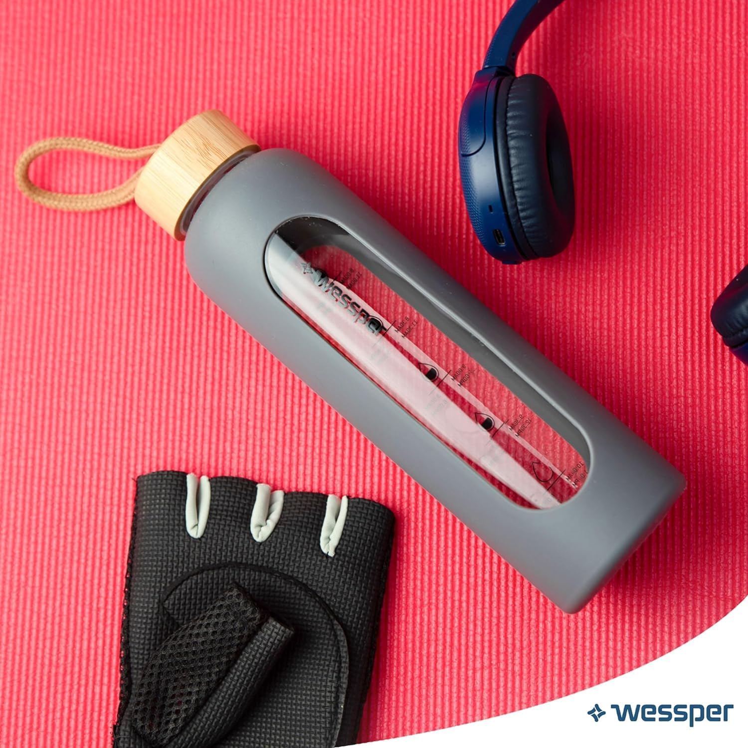 Wessper Glass Water Bottle with Time Marking, Leak-Proof Borosilicate Glass Drinking Bottle, BPA-Free, Motivational Glass Bottle with Silicone Case, 500 ml, Grey