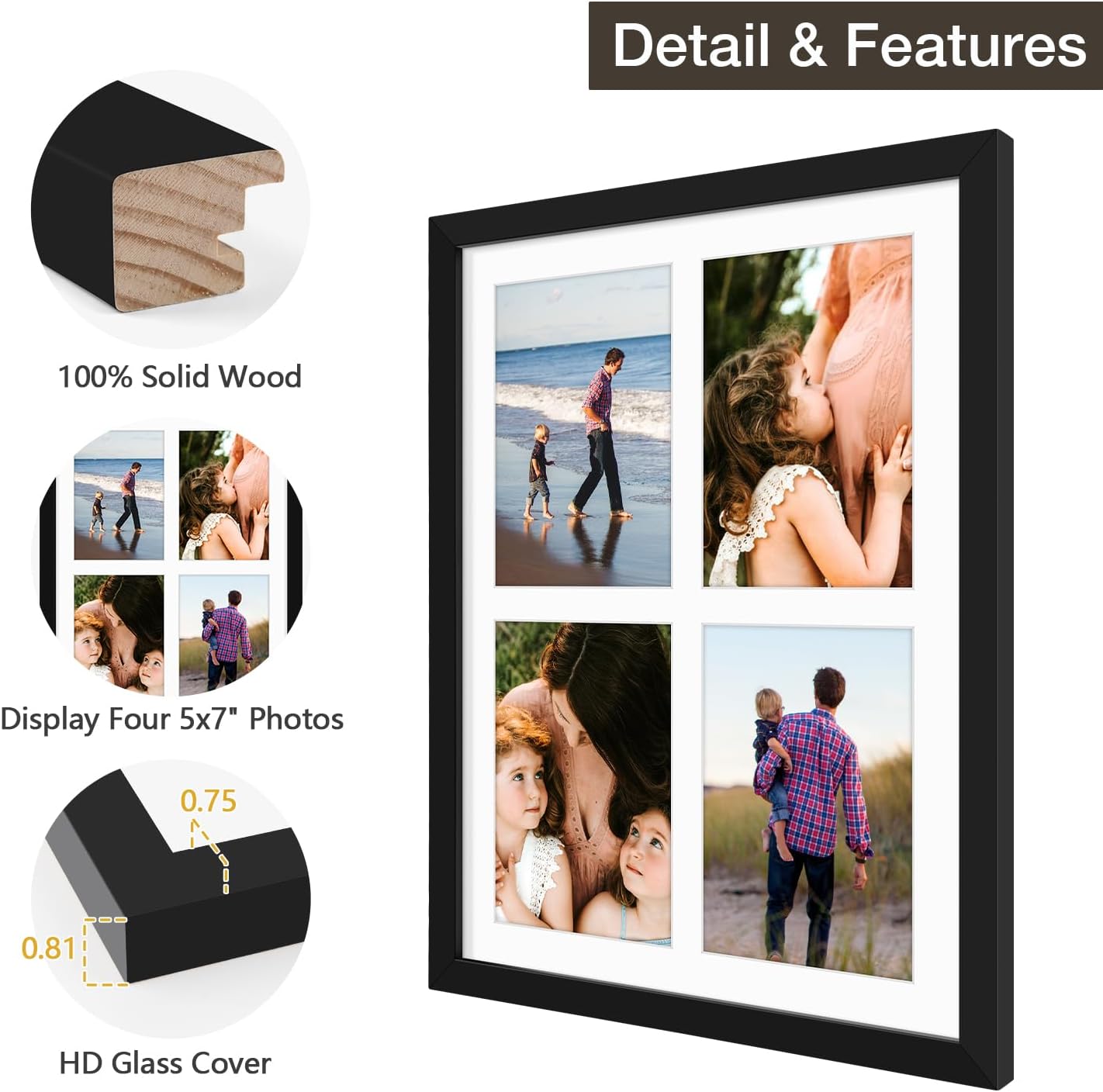 Golden State Art, 12x16 Black Wood Collage Picture Frame - Picture Frame with White Mat Displays Four 5x7 Photos - Collage Frame - Tempered Glass, Sawtooth Hanger, Swivel Tabs - Wall Mounting - Image 3