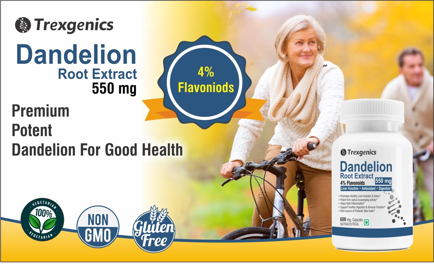 Trexgenics DANDELION (Bioactive 4% Flavonoids) 550mg EXTRACT Liver Function, Dextox, Antioxidant, Digestion (60 Veg Capsules) 4