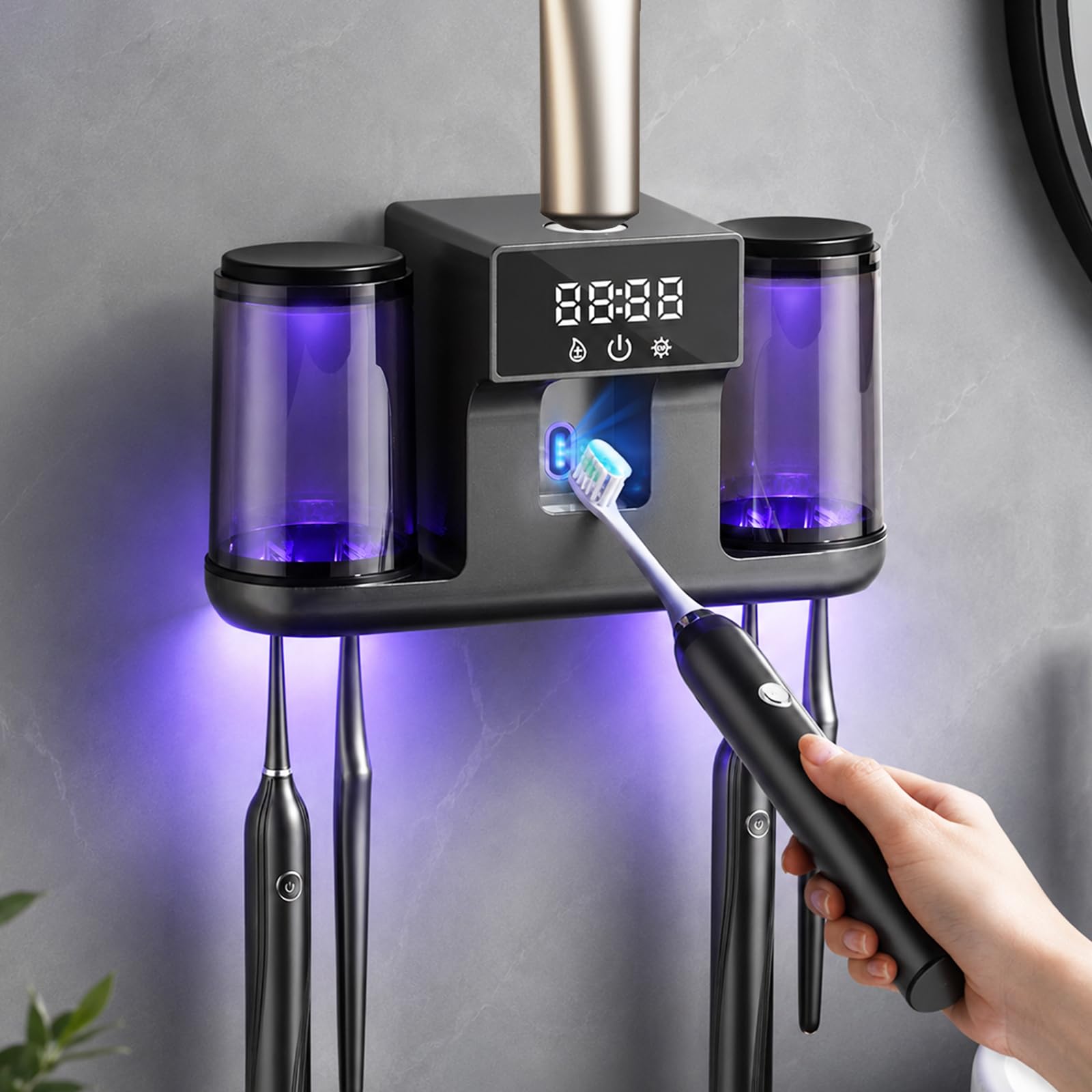 Soporte para cepillo de dientes montado en la pared con 2 vasos, caja de limpieza inteligente con limpieza y secado, dispensador de pasta de dientes eléctrico con 4 ranuras para cepillos de dientes