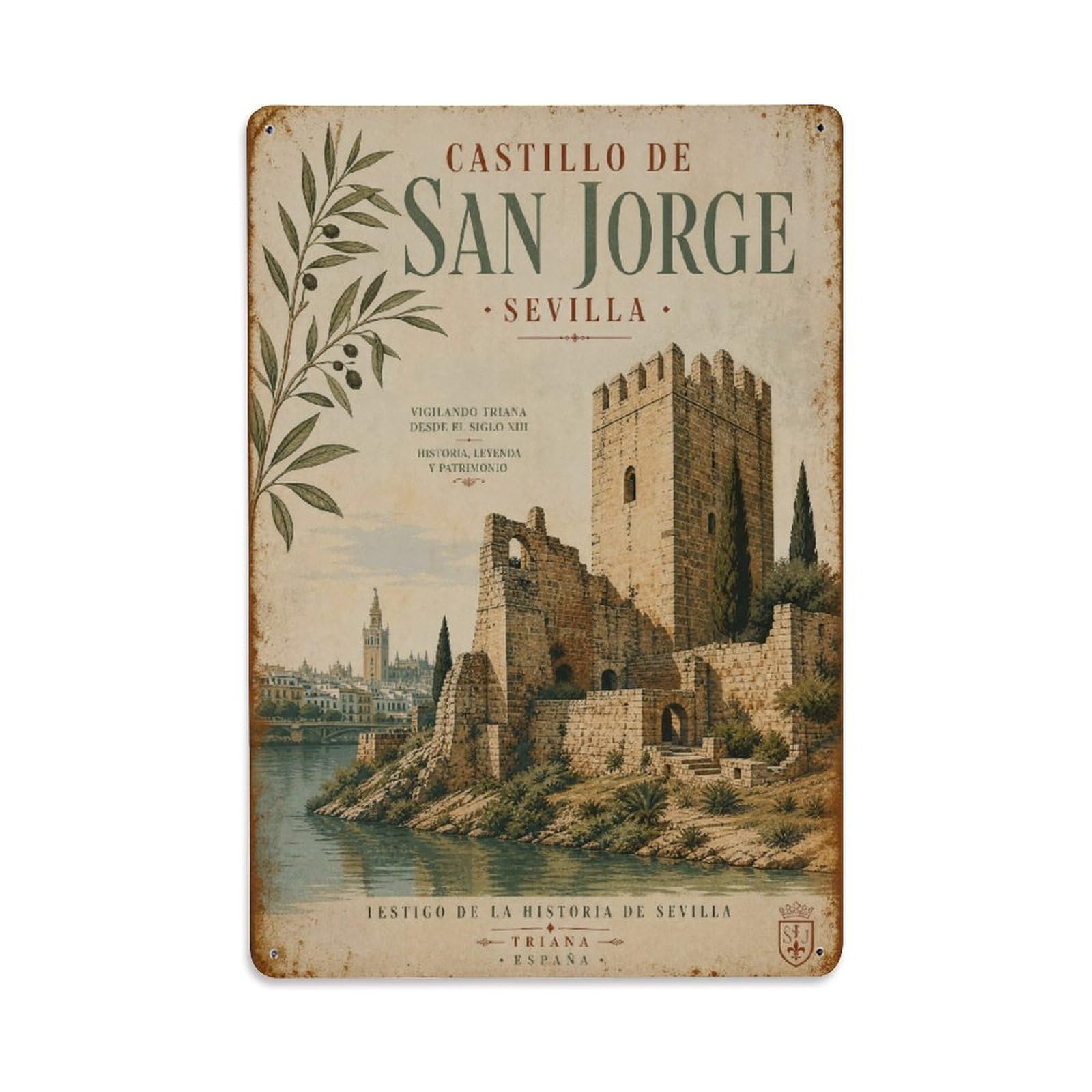 Huiyhb 8X12inch(20X30cm) Vintage Travel Castillo San Jorge Seville Castle Ruins Metal Tin Sign