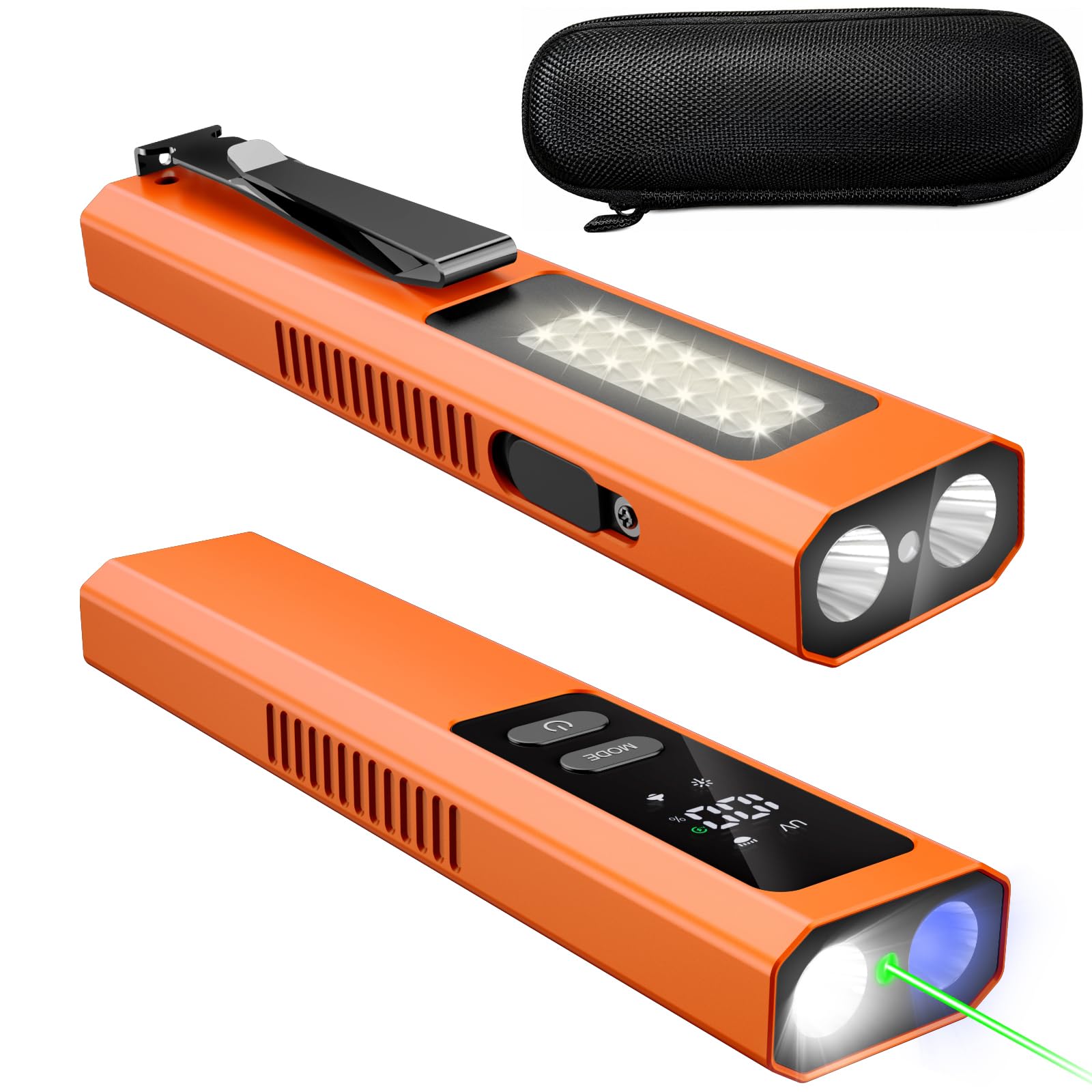 EDC Flashlight 4 in 1 Pocket Magnetic Slim Flat Flashlight High Lumens Work Light with Green Beam & UV Light & Warning Light Combo EDC Rechargeable LT-010 (Orange Color)