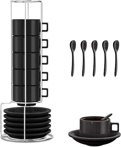 Houseables Juego de tazas de café expreso, apilables, tazas Expresso, 19 piezas, color negro, tazas de café expreso, juego de tazas y platillos
