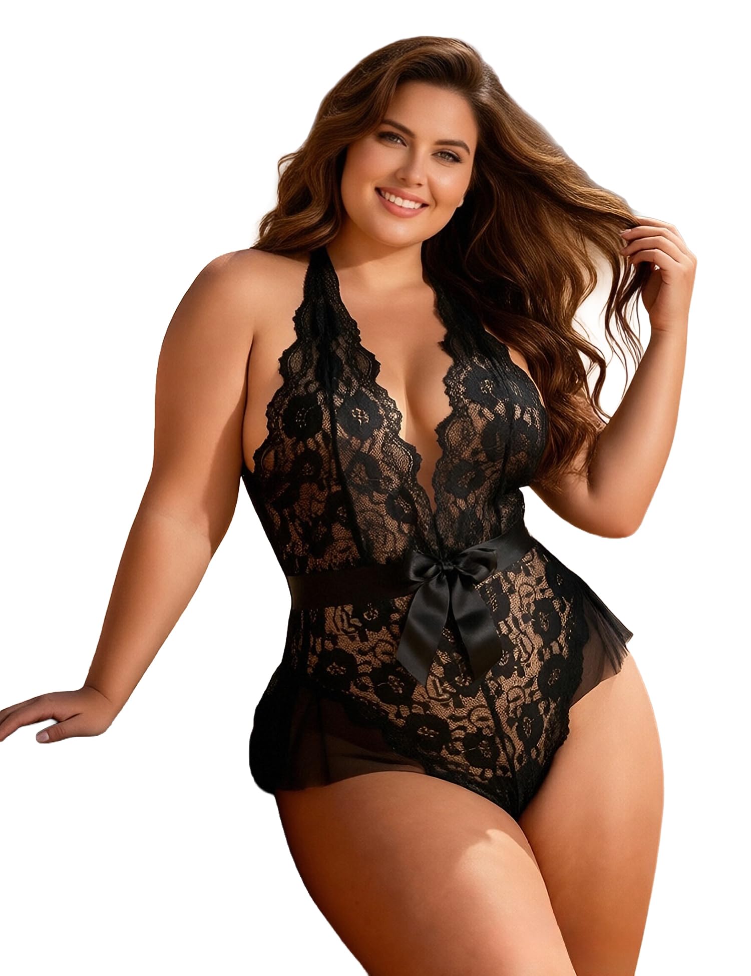 Plus Size Lace Bodysuit Lingerie for Women One Piece Sheer Backless Teddy Sexy Deep V Neck Babydoll S-4XL