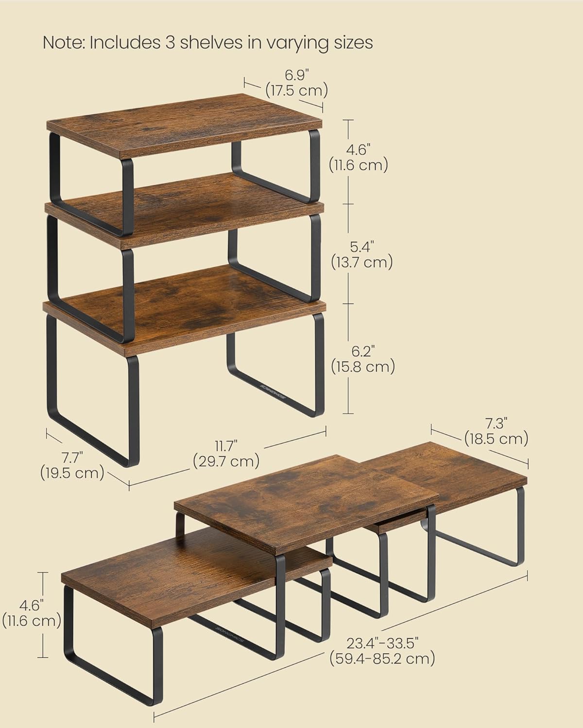 SONGMICS Cabinet Organizer Shelf, Set of 3 Kitchen Counter Shelves, Kitchen Storage, Spice Rack, Stackable, Expandable, Rustic Brown and Matte Black UKCS220K02 - Image 6