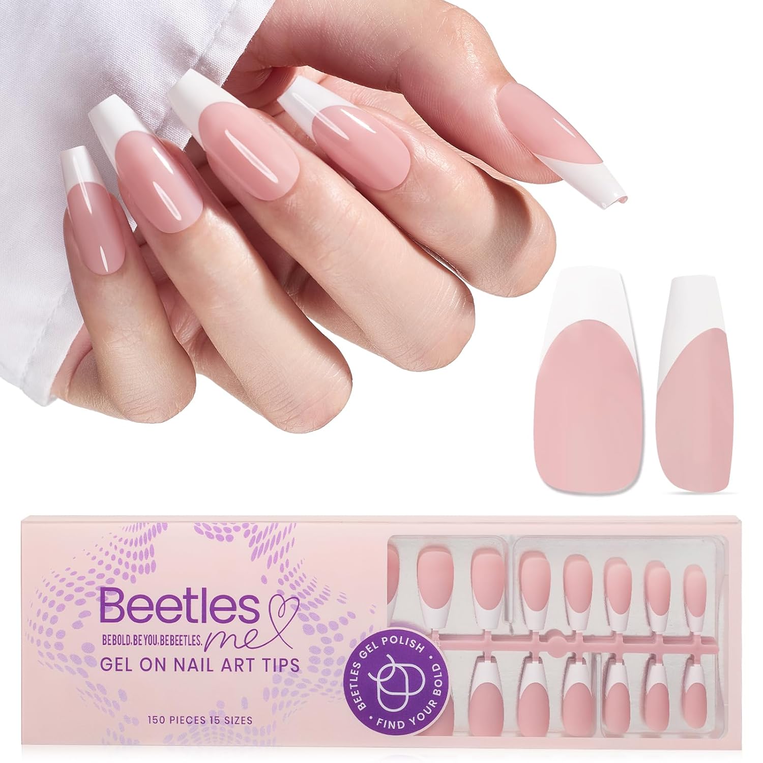 Beetles French Gel Nail Tips, Fake Nails Medium Coffin