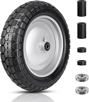 4.80/4.00-8 Tire and Wheel, 14.5" Flat Free Wheelbarrow Tire, 5/8" 3/4" Bearings Universal Solid Replacement Tires, 3" -7" Centered Hub for Hand Truck, Garden Cart, Includes Spacer Kit